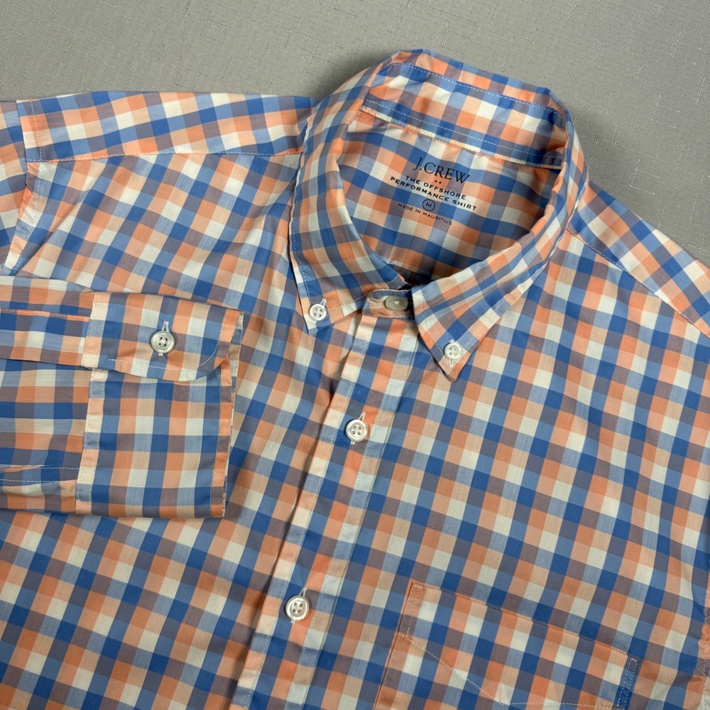 J.Crew Mens Offshore Performance Shirt Medium Blue Orange Gingham Button Down